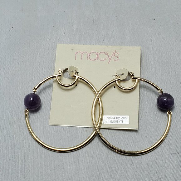 Macy's Large bohemian gold hoop earring with semi-precious stone - Picture 2 of 5